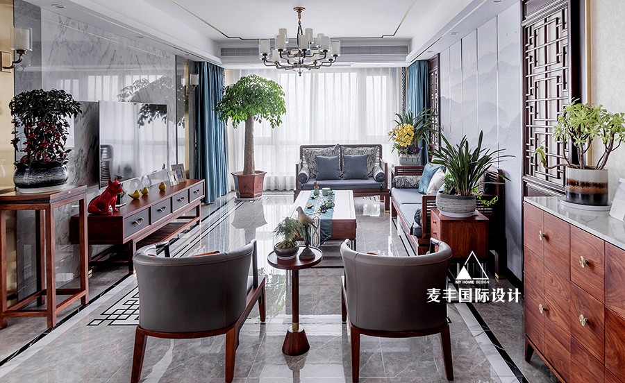 客廳窗簾裝修效果圖新中式四季華庭中式現代客廳設計圖片賞析