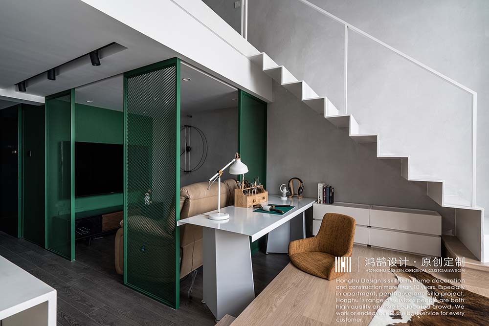 功能區裝修效果圖獨居LOFT，觀影、辦公、居住潮流混搭功能區設計圖片賞析